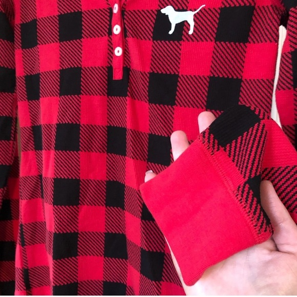 Victoria Secret Pink Cozy I Only Sleep Buffalo Plaid Waffle Sleep Shirt Top New - Picture 9 of 12